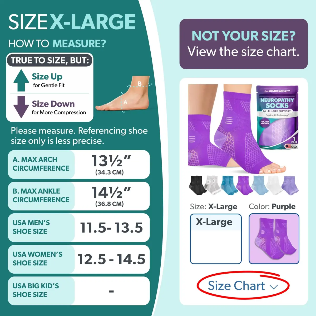 BraceAbility Neuropathy Socks X-Large - Purple | FDA Approved Medical Compression Garment for Nerve Pain Relief - view 2