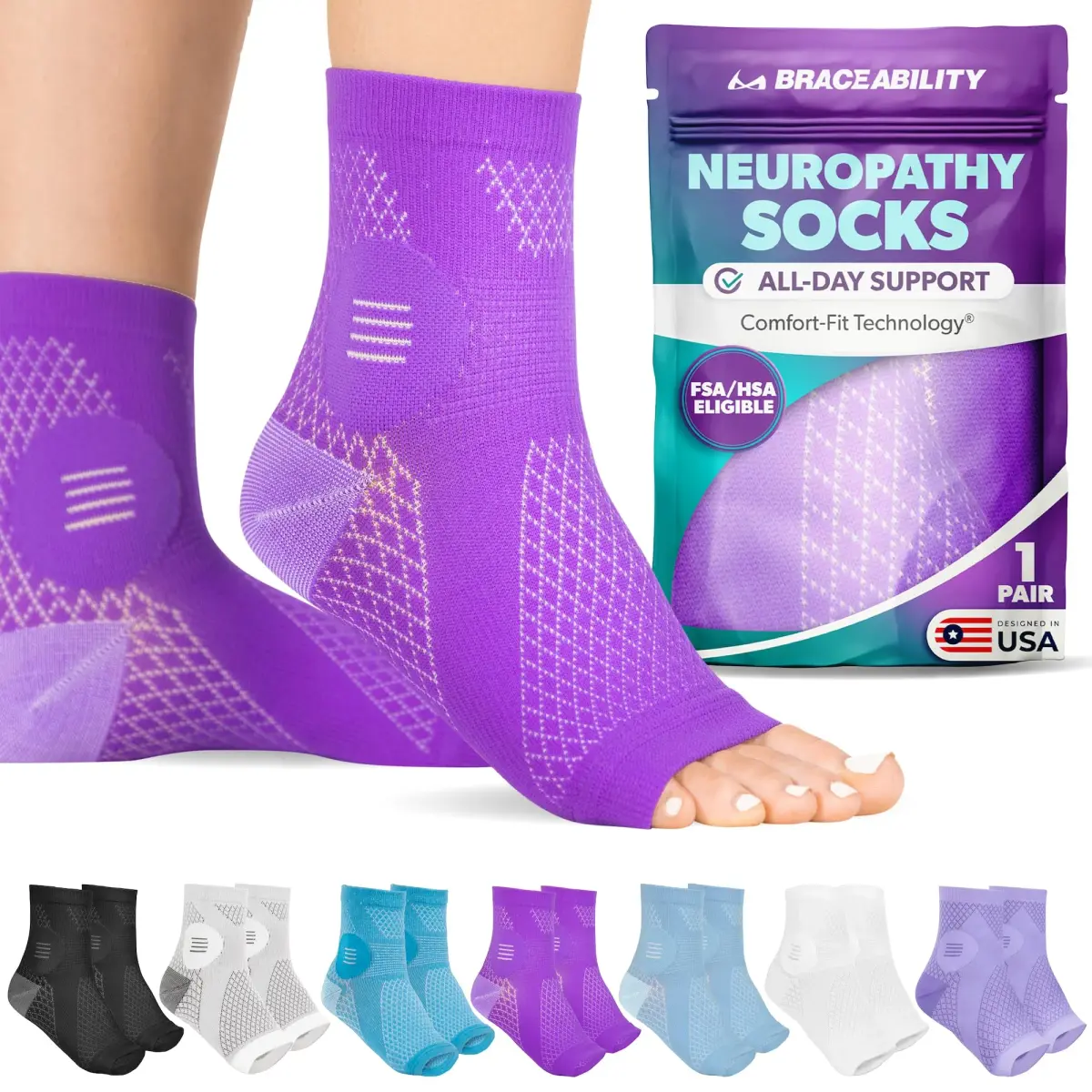 BraceAbility Large Purple Neuropathy Socks - 1 Pair | FDA Approved Medical Compression Garment for Nerve Pain - main product image