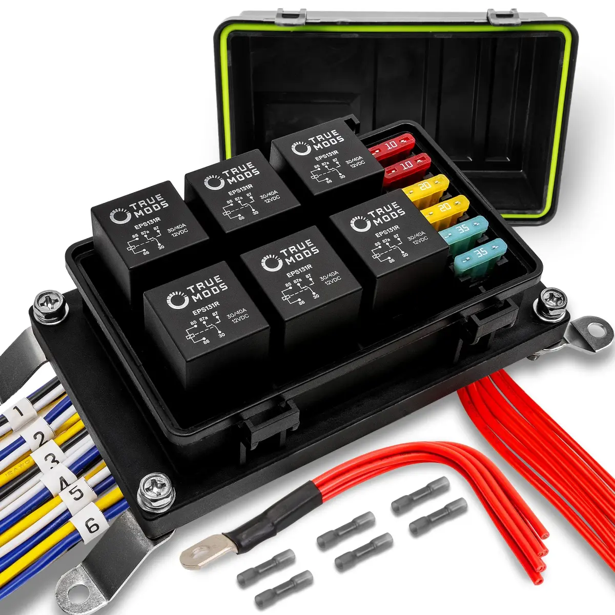 True MODS 12V Automotive Waterproof 5-Pin Prewired Relay Fuse Box Block Kit with Harness | 6-Circuit Power Distribution - main product image