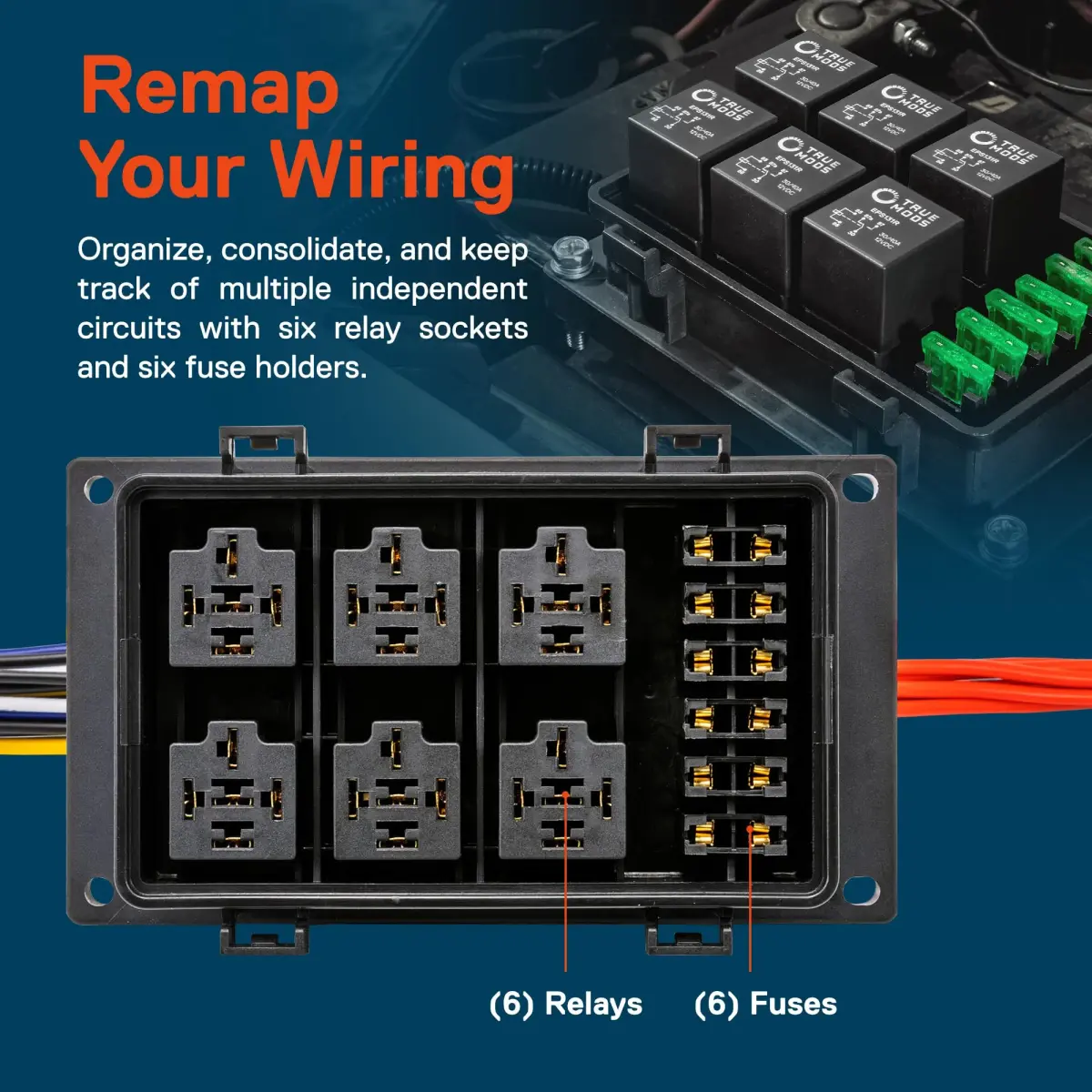 True MODS 12V Automotive Waterproof 5-Pin Prewired Relay Fuse Box Block Kit with Harness | 6-Circuit Power Distribution - view 2