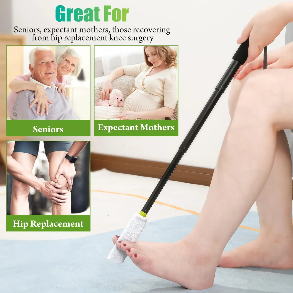 LYIGEOL Toe Cleaning Brush, Foot Scrubber with Telescopic Handle 12"-24" | Reusable Drying Covers for Seniors & Elderly - view 6