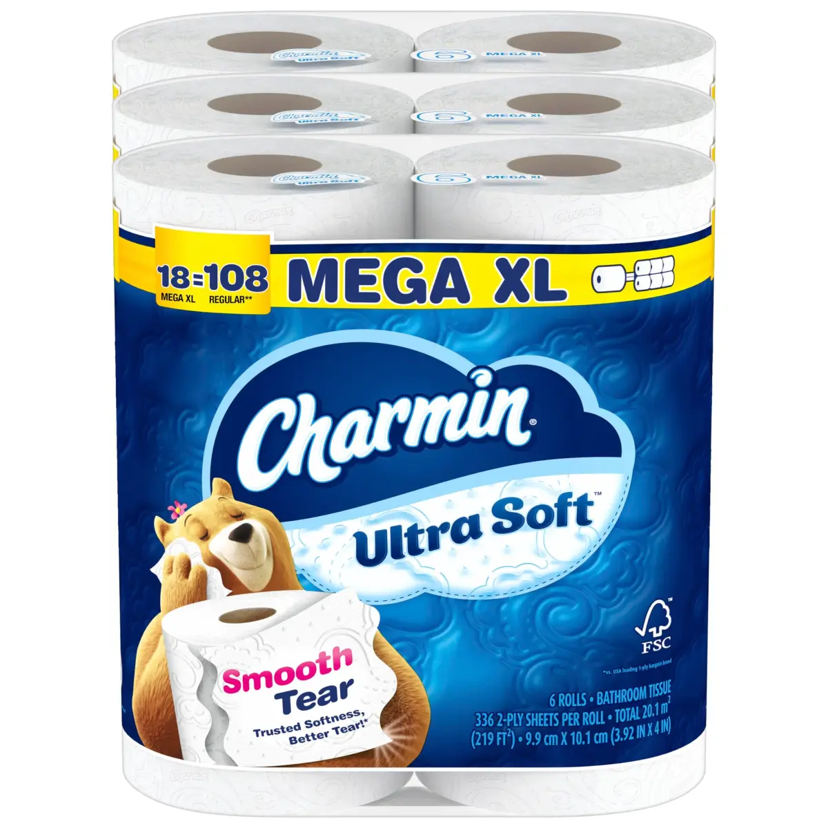 Charmin Ultra Soft Toilet Paper, 18 Mega XL Rolls (6048 Sheets Total) | Trusted Softness, Better Tear - main product image