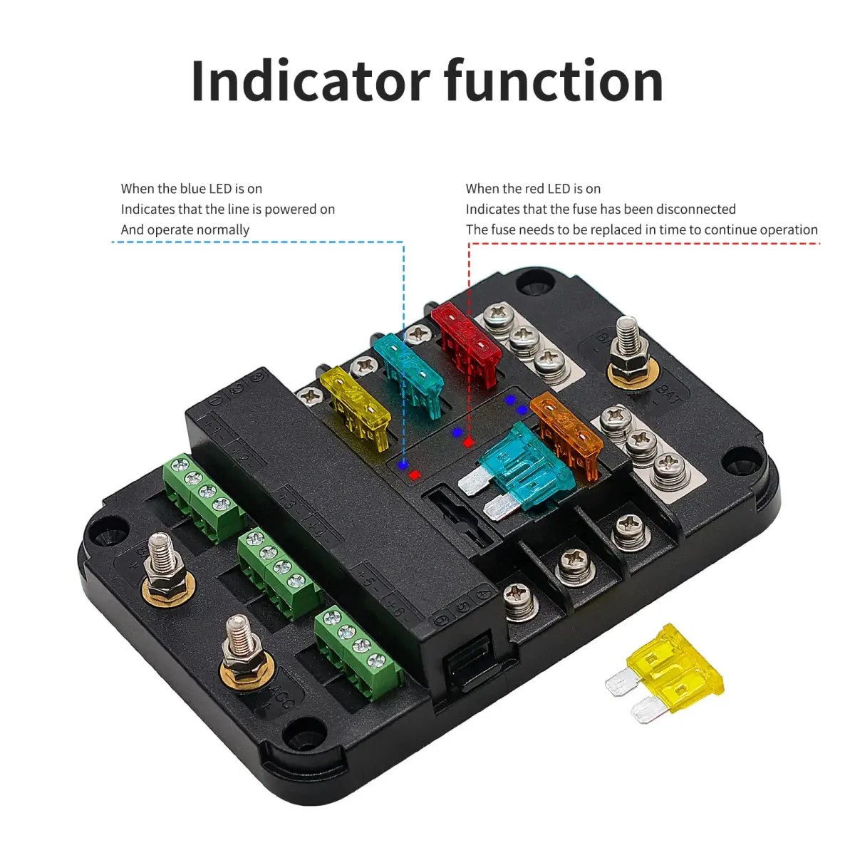 BlueFire 6-Way Blade Fuse Block with LED Indicator & ACC Interface, 12V/24V DC, 80A Input, 20A Output Per Circuit | Waterproof & Dustproof Fuse Holder - view 3
