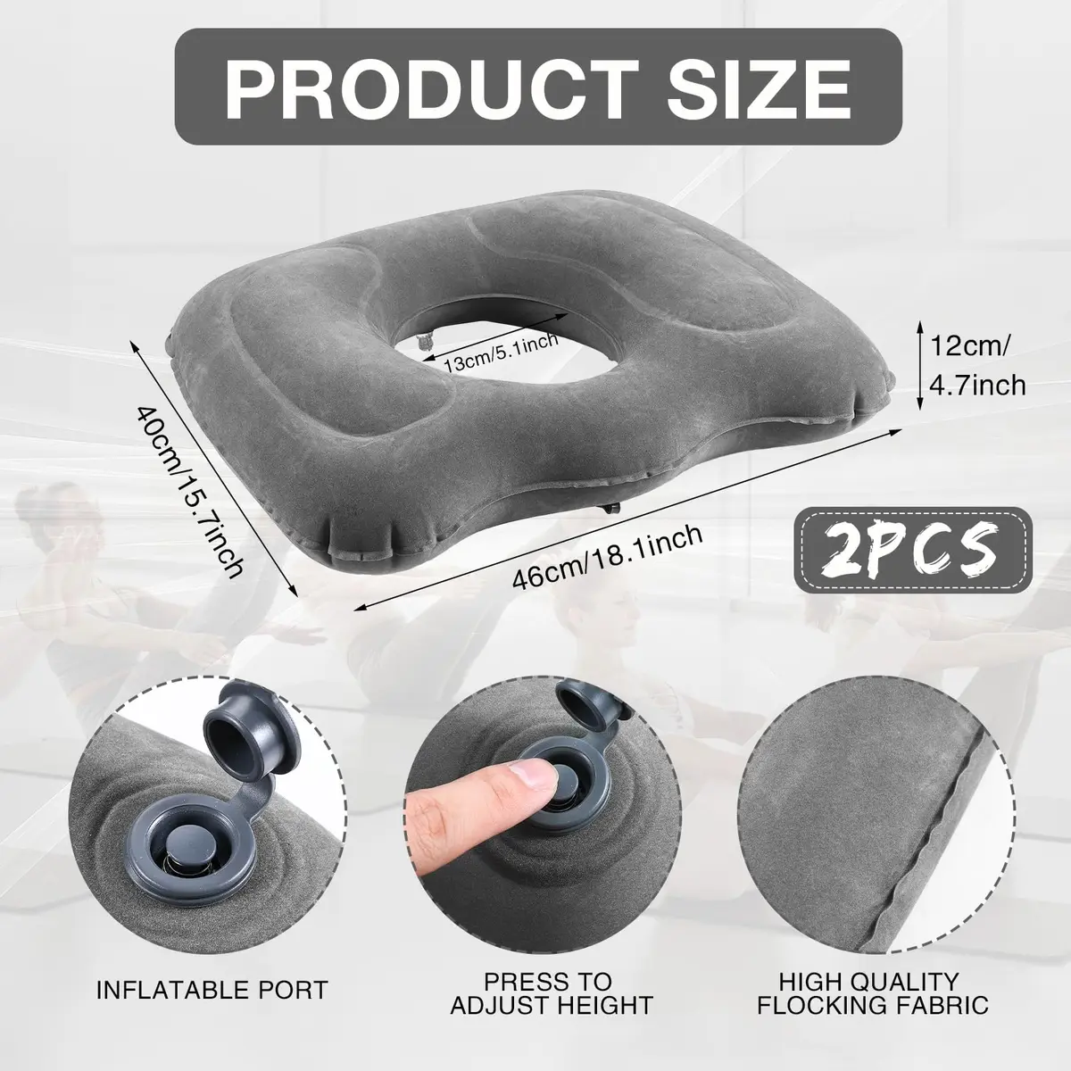 Leinuosen Inflatable Seat Cushion 46cm x 40cm x 12cm (18.1'' x 15.7'' x 4.7'') | Grey 2-Pack - view 2