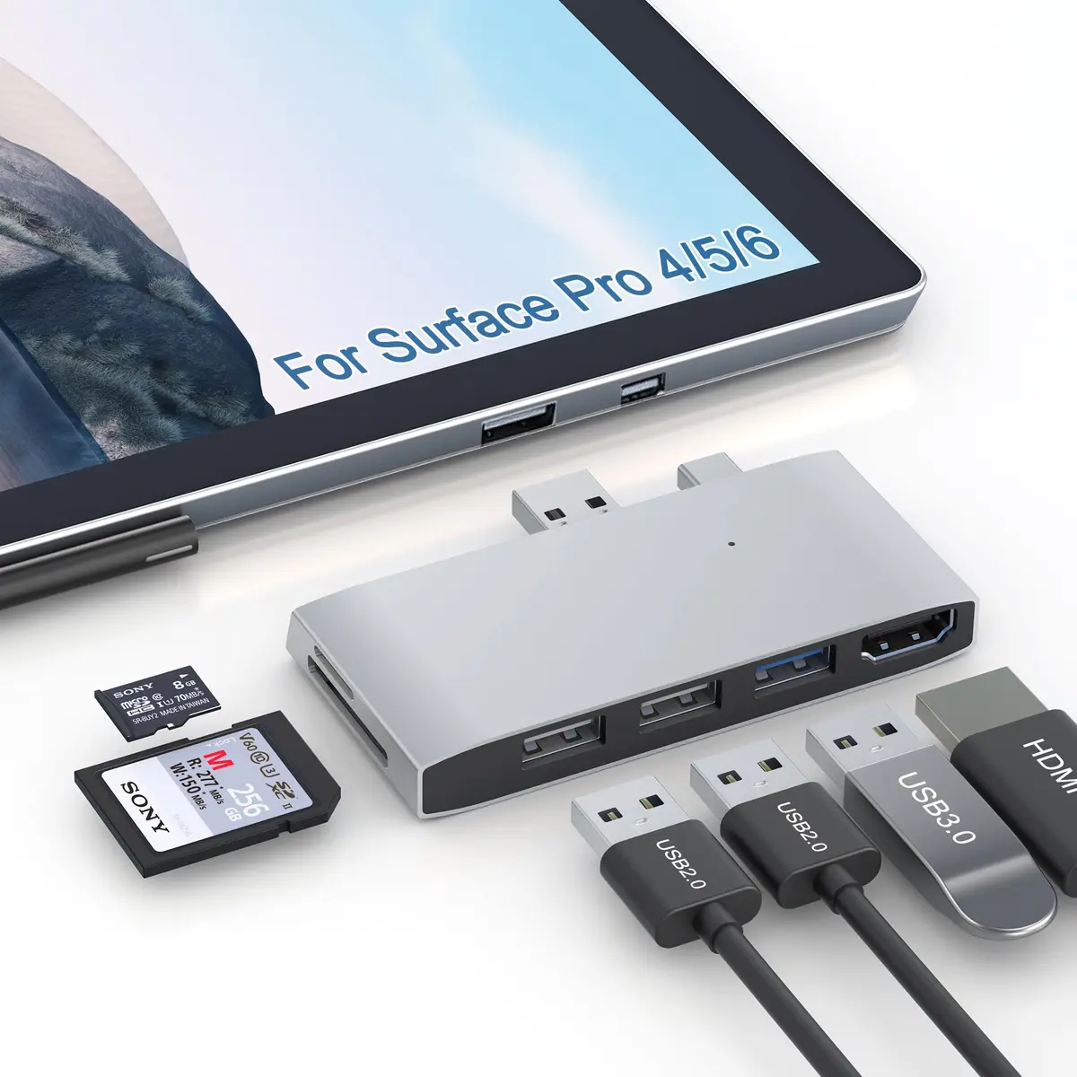 clickfish Surface Pro 6/Pro 5/Pro 4 USB Hub Docking Station 4K HDMI, SD & TF Card Reader, Aluminum, Compact, Lightweight | 4K@30Hz - main product image
