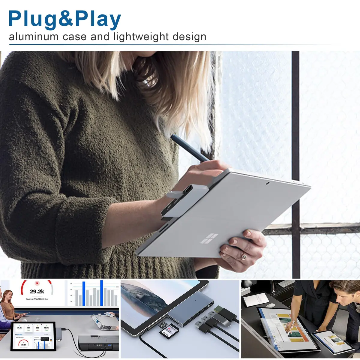 clickfish Surface Pro 6/Pro 5/Pro 4 USB Hub Docking Station 4K HDMI, SD & TF Card Reader, Aluminum, Compact, Lightweight | 4K@30Hz - view 8