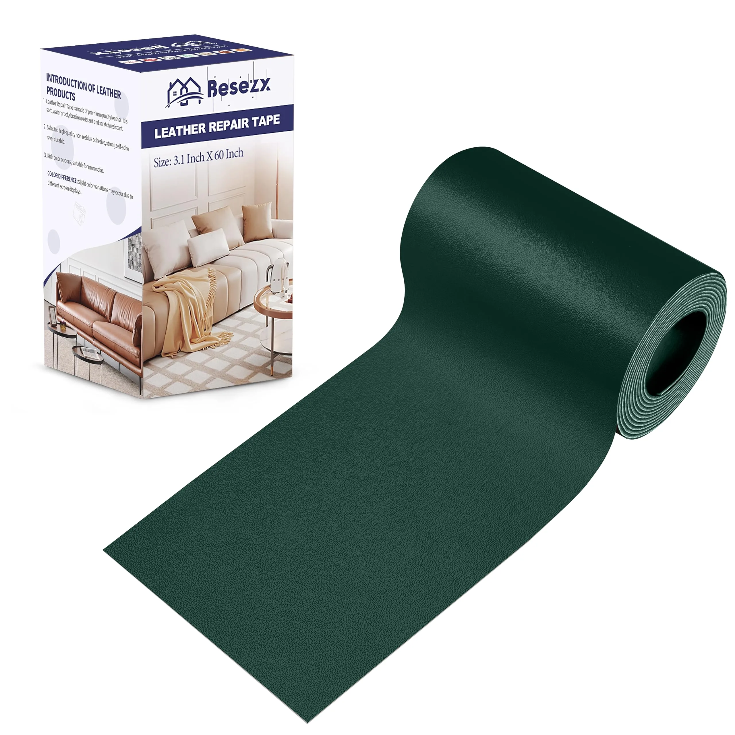 Besezx Leather Repair Patch Tape Kit Green 3.1in x 60in | Self-Adhesive Upholstery Tape for Furniture & Car Seats - main product image