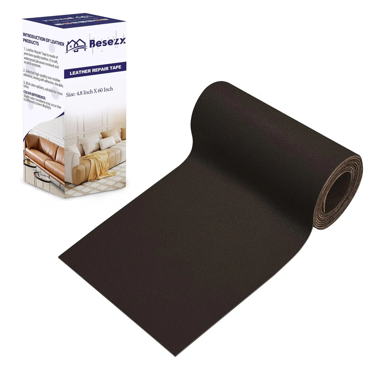 Besezx Leather Repair Patch Tape Kit Dark Brown-Litchi Grain 114.3cm x 152.4cm | Self-Adhesive for Furniture & Auto Upholstery - main product image