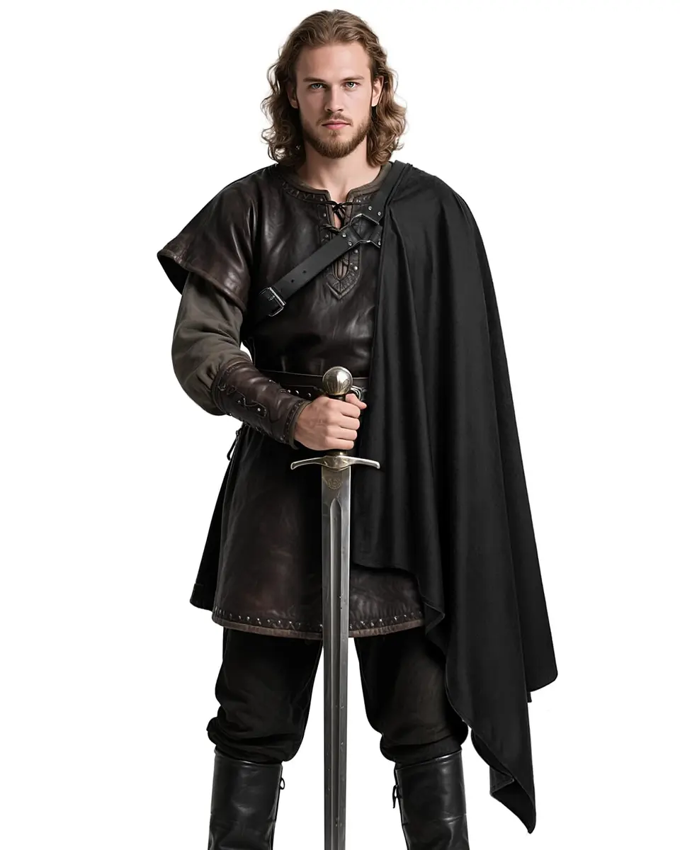 L'VOW Medieval Half Shoulder Cape Knight Cloak with Belt, Black | Vintage Costume Accessory for Men & Women - main product image