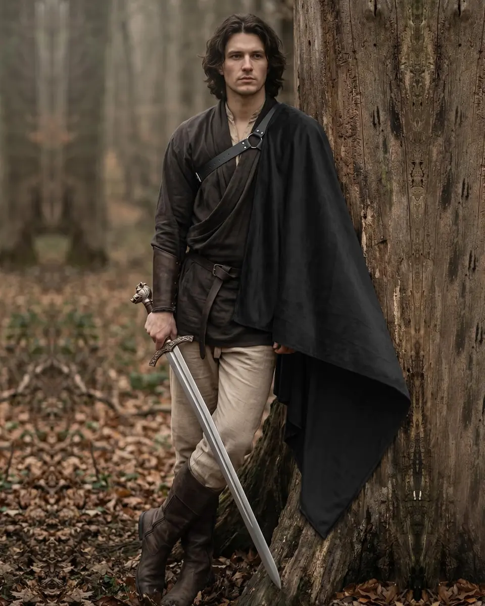 L'VOW Medieval Half Shoulder Cape Knight Cloak with Belt, Black | Vintage Costume Accessory for Men & Women - view 2