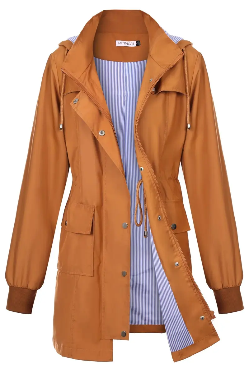 PITINAN Women Rain Jacket Waterproof With Hood Long Trench Coat Caramel, M | Water-Resistant, Detachable Hood, Adjustable Waist - main product image