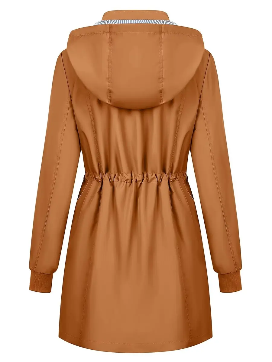 PITINAN Women Rain Jacket Waterproof With Hood Long Trench Coat Caramel, M | Water-Resistant, Detachable Hood, Adjustable Waist - view 2