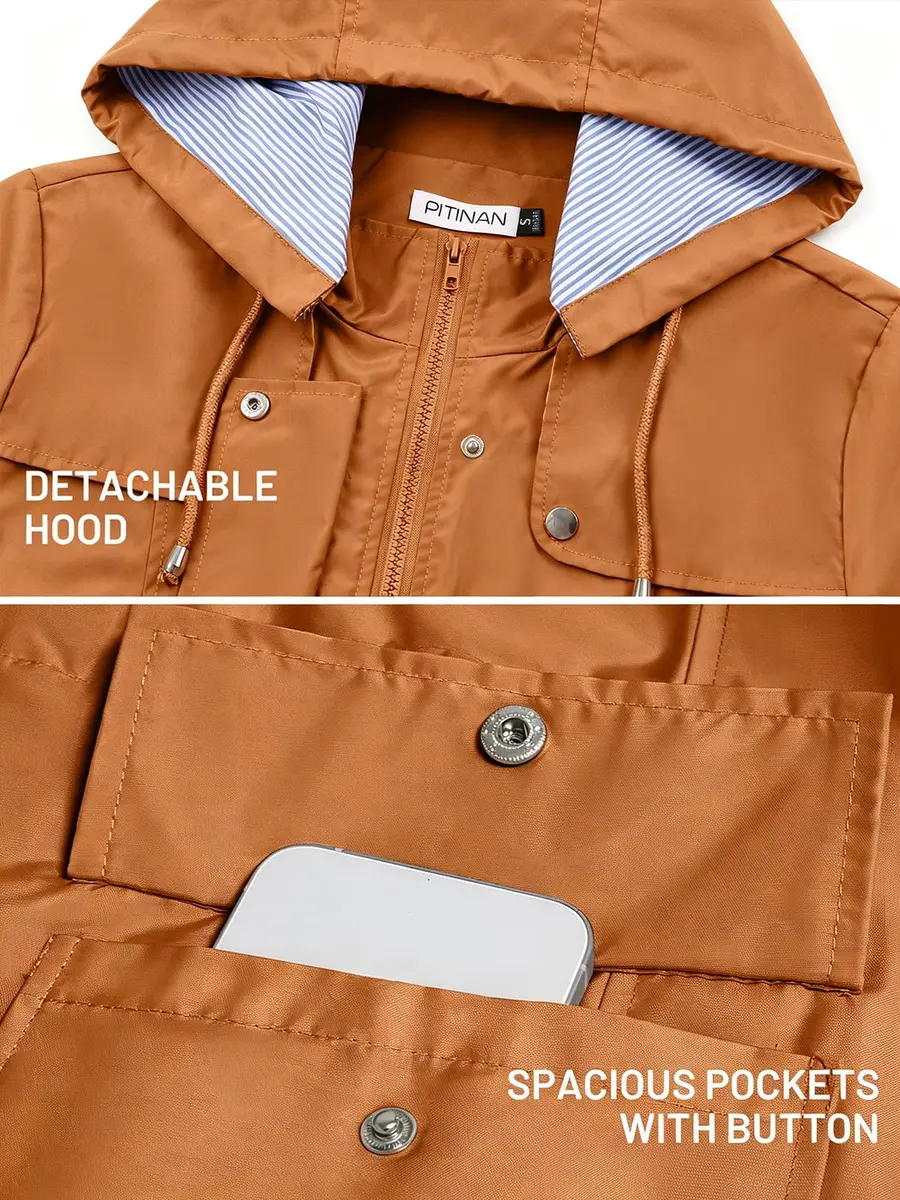 PITINAN Women Rain Jacket Waterproof With Hood Long Trench Coat Caramel, M | Water-Resistant, Detachable Hood, Adjustable Waist - view 4