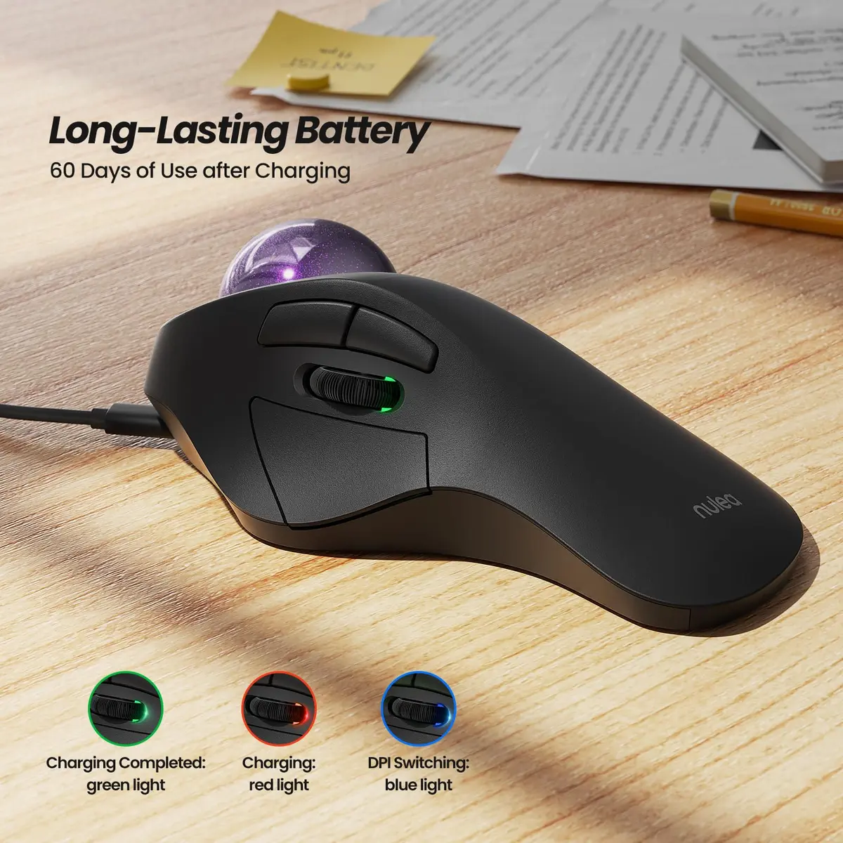 Nulea M505A Wireless Trackball Mouse Ergonomic 44mm Index Finger Control | Adjustable DPI & Bluetooth - view 5