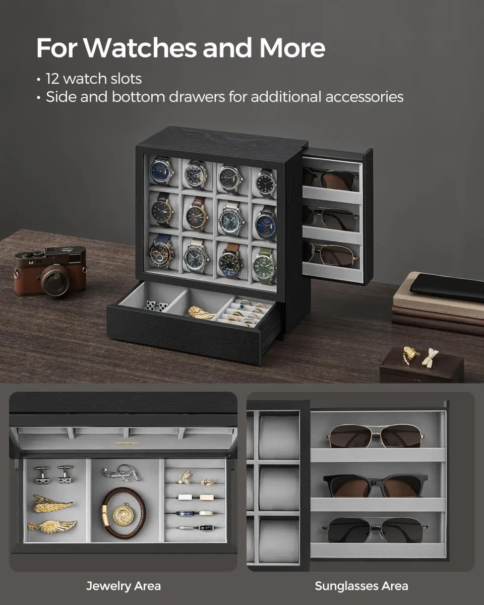 SONGMICS 12 Watch Display Case with Hidden Storage 32.5cm (12.8 inches) | Organize & Protect Your Timepieces - view 3