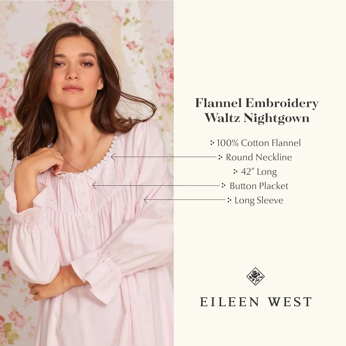 Eileen West 100% Cotton Flannel Nightgown 42" Long Sleeve | Elegant, Warm & Breathable - view 3