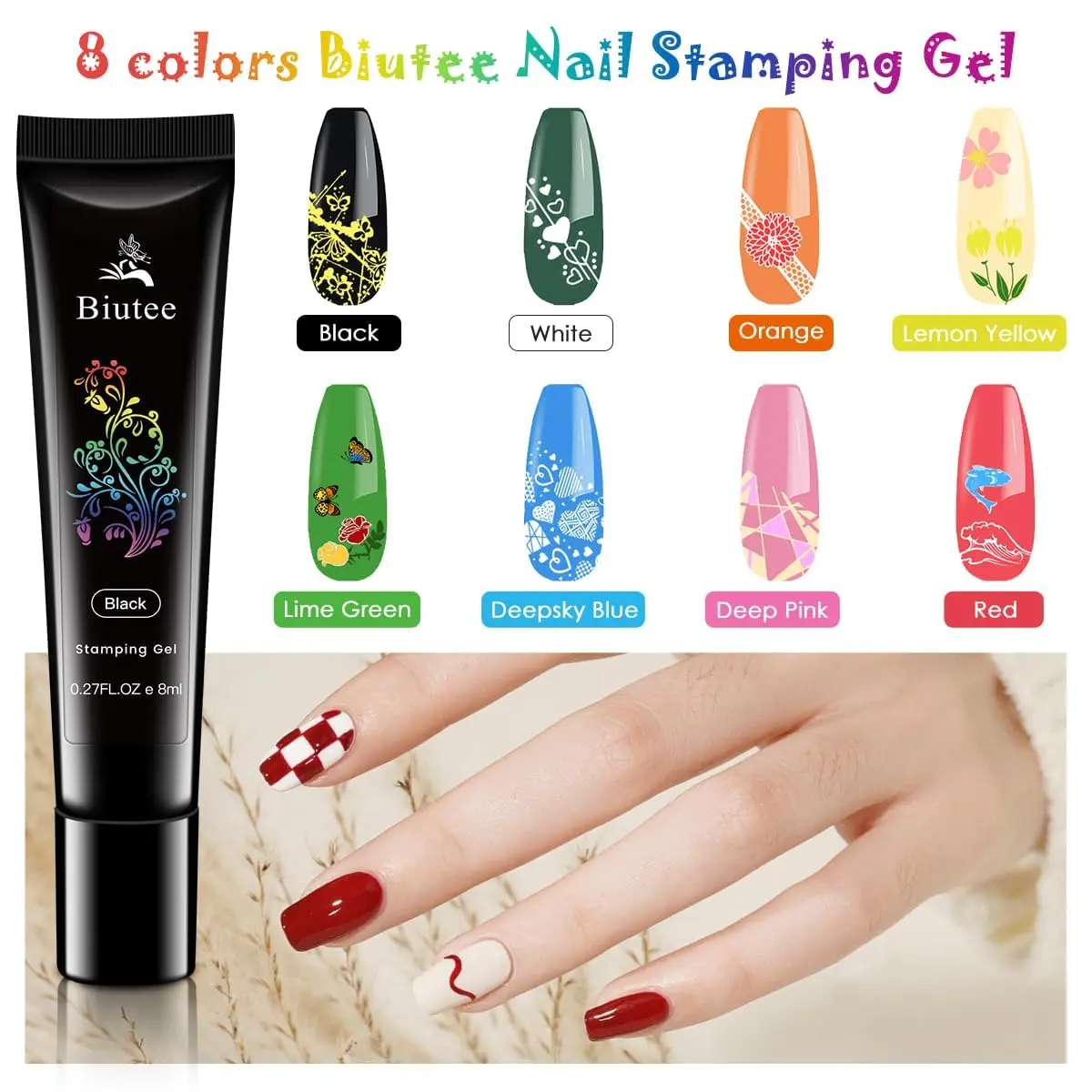 Biutee 26 Piece Nail Art Stamping Kit with 8 Colors Gel Polish & Storage Bag | Professional DIY Manicure Tools - view 2