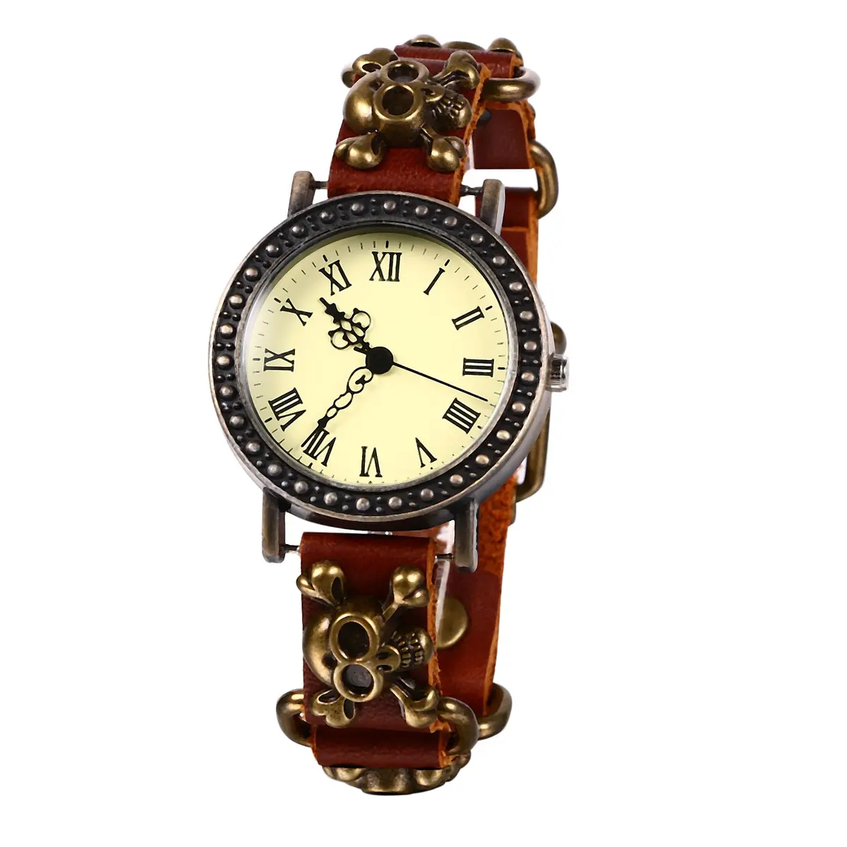 JewelryWe Vintage Wrist Watch Punk Skull Leather Quartz Watch for Women & Men | 1.5" Case, Leather Band, Water-Resistant - main product image
