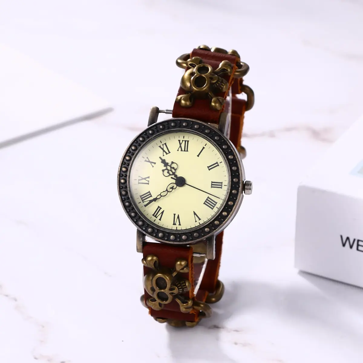 JewelryWe Vintage Wrist Watch Punk Skull Leather Quartz Watch for Women & Men | 1.5" Case, Leather Band, Water-Resistant - view 5
