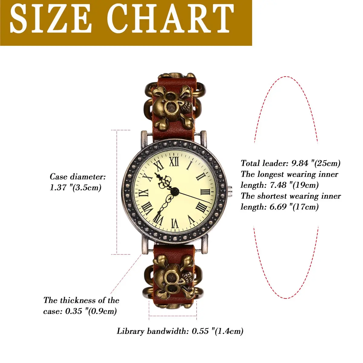 JewelryWe Vintage Wrist Watch Punk Skull Leather Quartz Watch for Women & Men | 1.5" Case, Leather Band, Water-Resistant - view 6