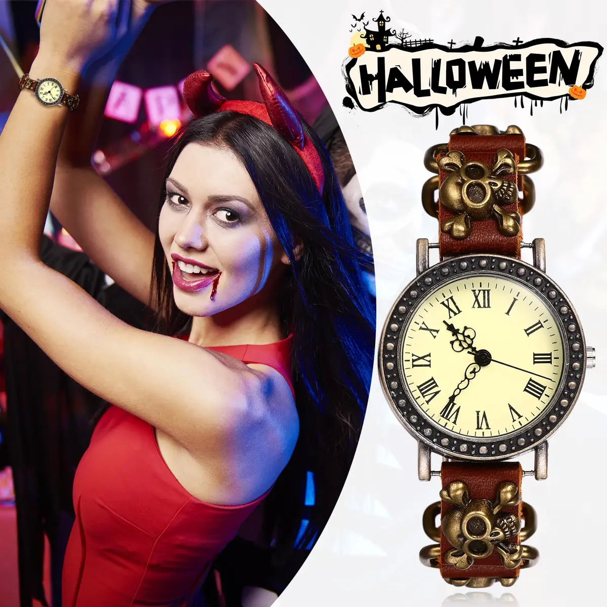 JewelryWe Vintage Wrist Watch Punk Skull Leather Quartz Watch for Women & Men | 1.5" Case, Leather Band, Water-Resistant - view 3