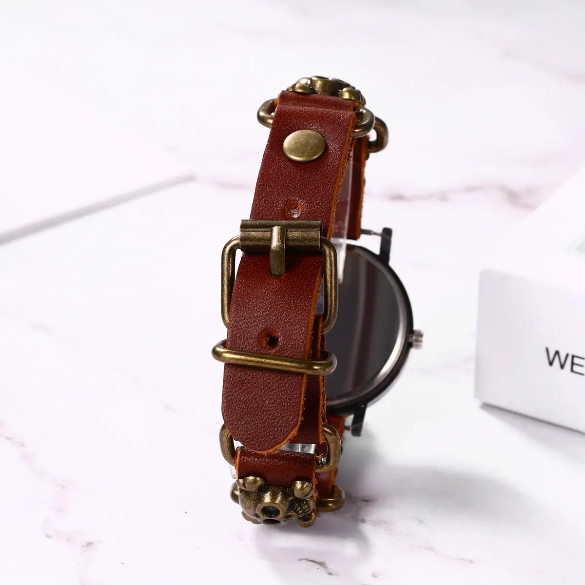 JewelryWe Vintage Wrist Watch Punk Skull Leather Quartz Watch for Women & Men | 1.5" Case, Leather Band, Water-Resistant - view 4