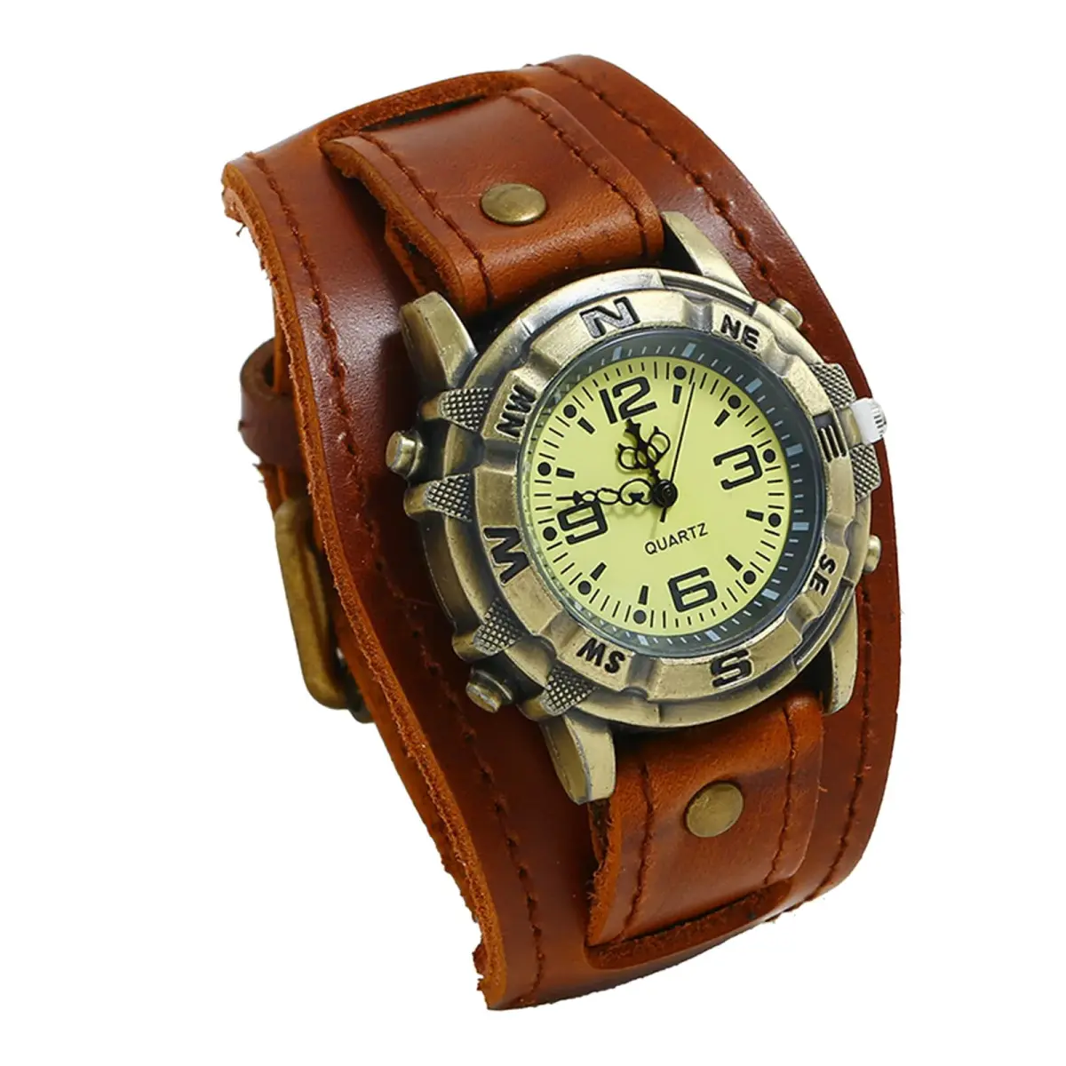Avaner Men's Vintage Leather Watches: Retro Punk Wide Band Cuff Steampunk Analog Quartz Wrist Watch 47mm (1.85in) | Japanese Quartz Movement - main product image