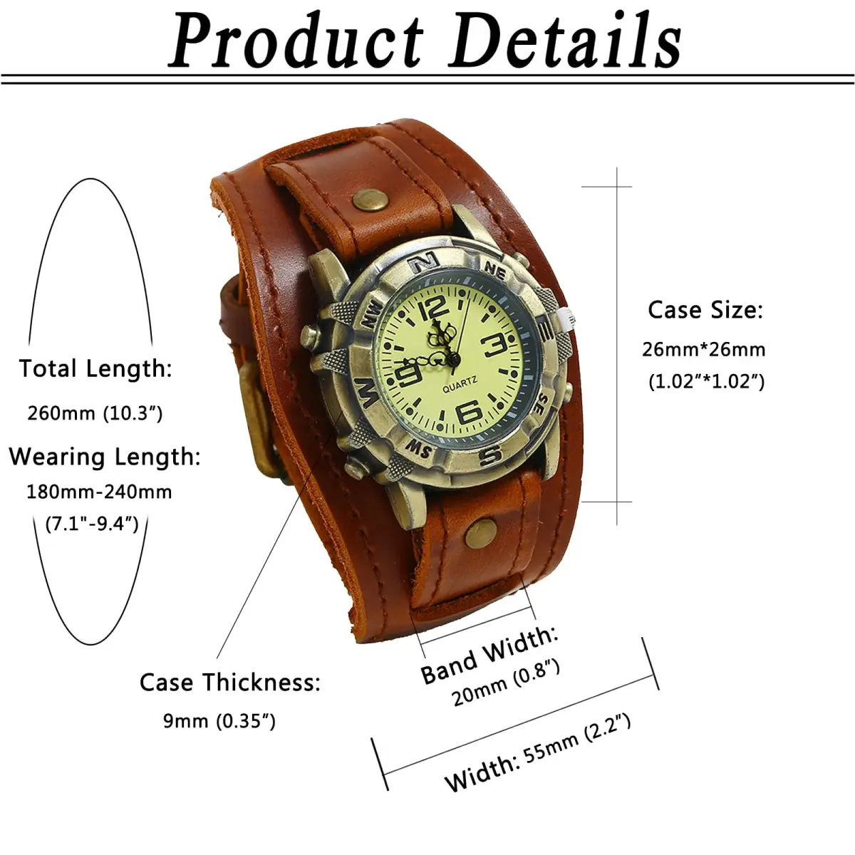 Avaner Men's Vintage Leather Watches: Retro Punk Wide Band Cuff Steampunk Analog Quartz Wrist Watch 47mm (1.85in) | Japanese Quartz Movement - view 6