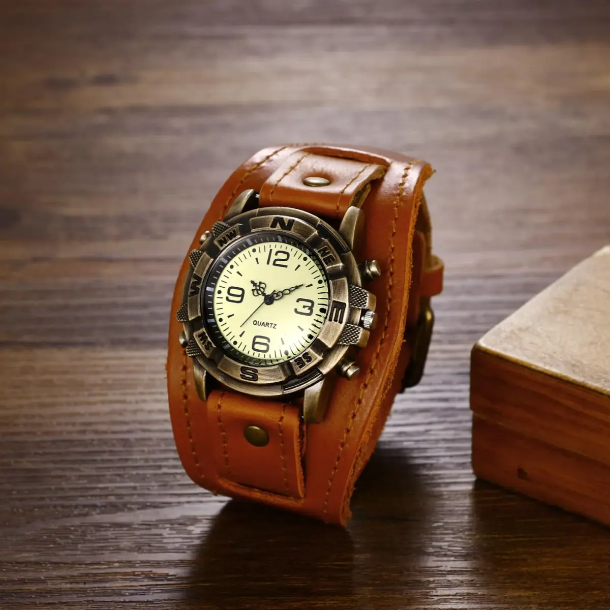 Avaner Men's Vintage Leather Watches: Retro Punk Wide Band Cuff Steampunk Analog Quartz Wrist Watch 47mm (1.85in) | Japanese Quartz Movement - view 2