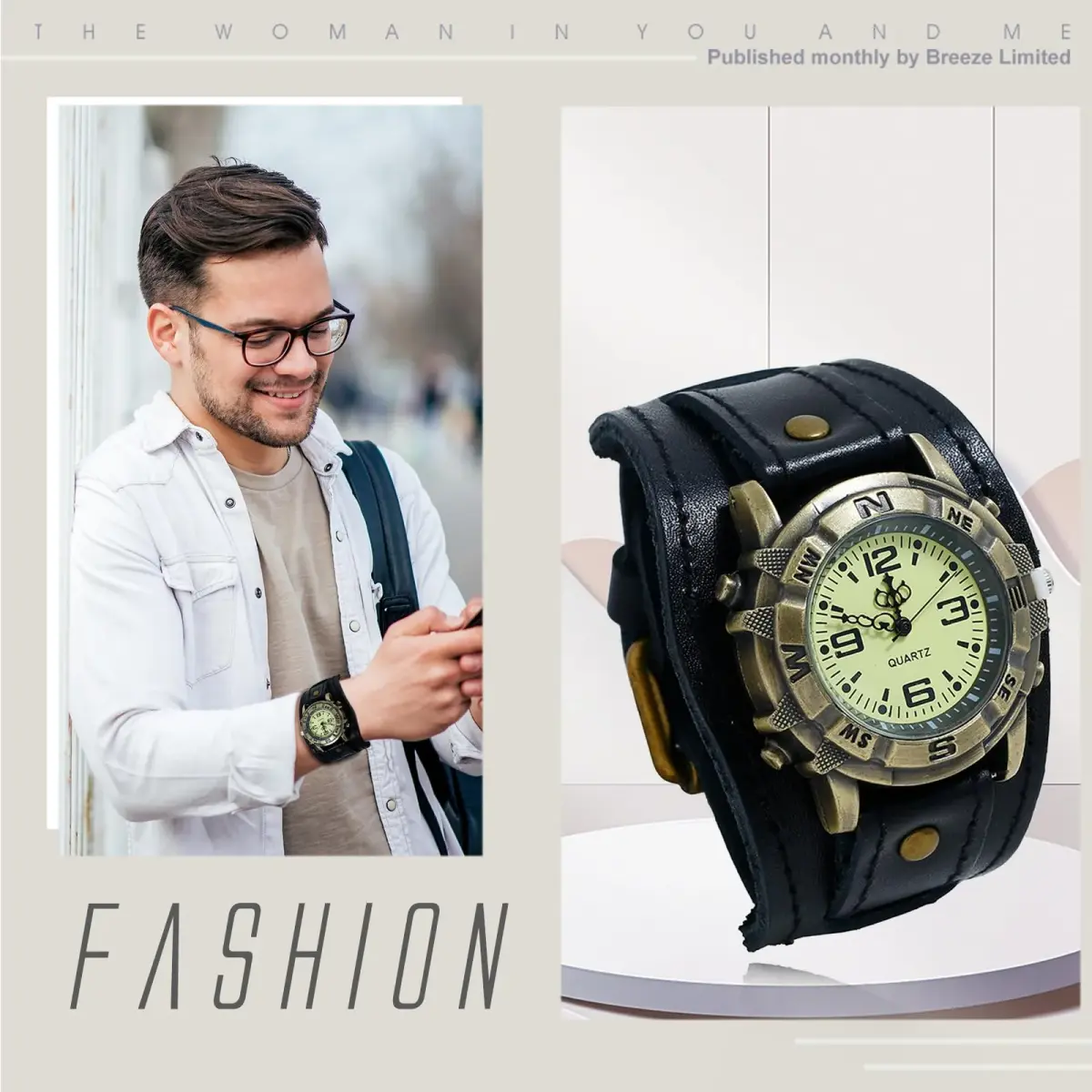 Avaner Men's Vintage Leather Watch: Retro Punk Wide Cuff Steampunk Analog Quartz 47mm (1.85") - view 5