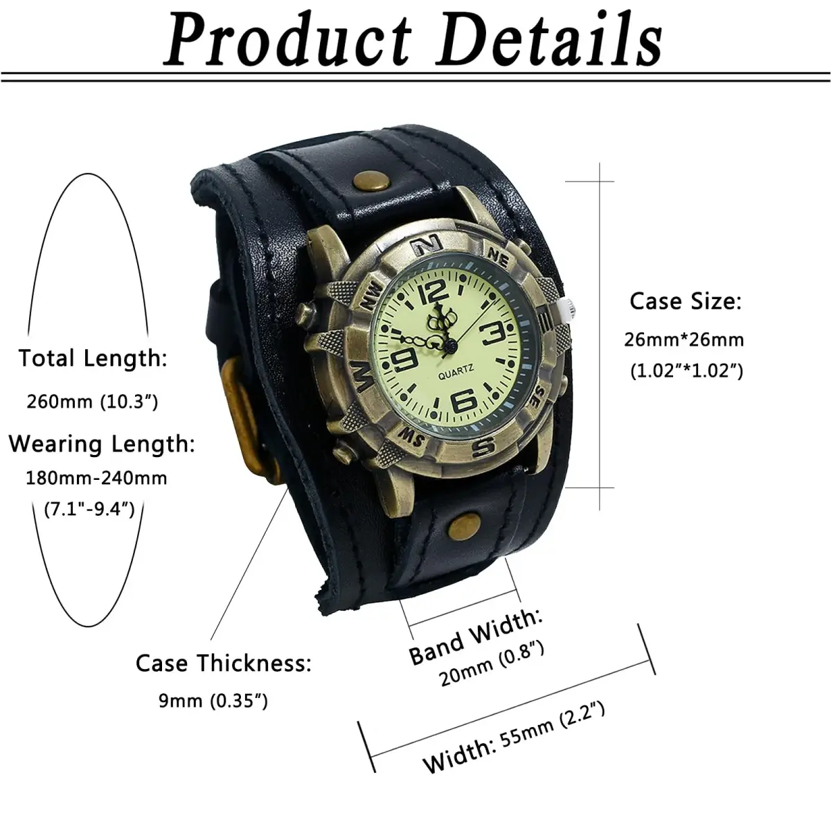 Avaner Men's Vintage Leather Watch: Retro Punk Wide Cuff Steampunk Analog Quartz 47mm (1.85") - view 6