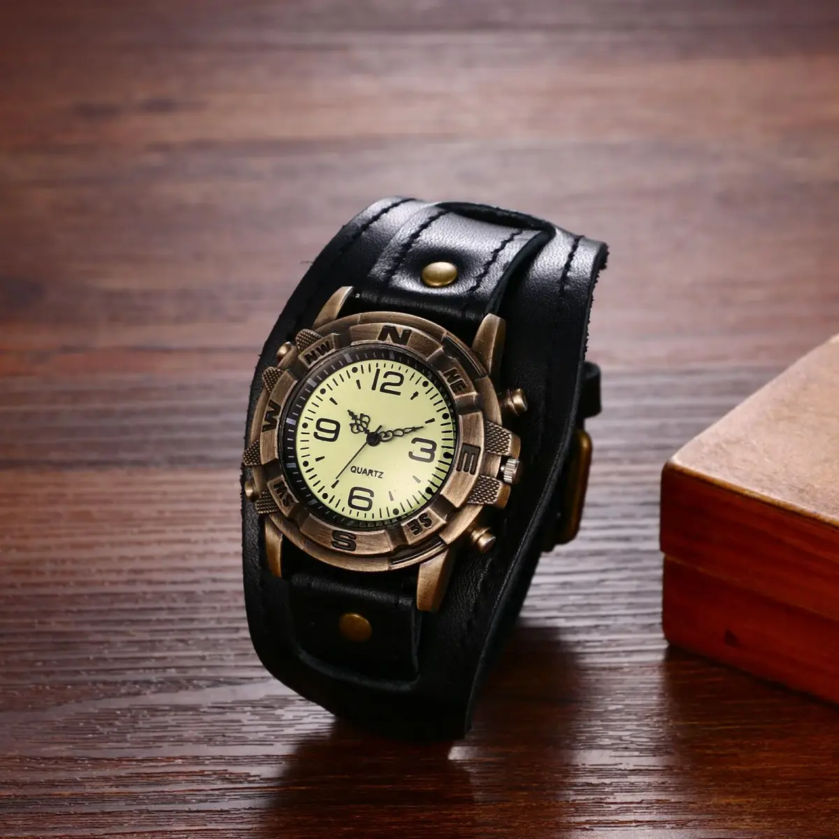 Avaner Men's Vintage Leather Watch: Retro Punk Wide Cuff Steampunk Analog Quartz 47mm (1.85") - view 2