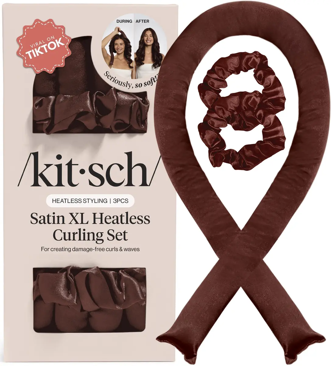 Kitsch Satin Heatless Curls Overnight Set - Chocolate | 34" Rod & 2 Scrunchies - main product image
