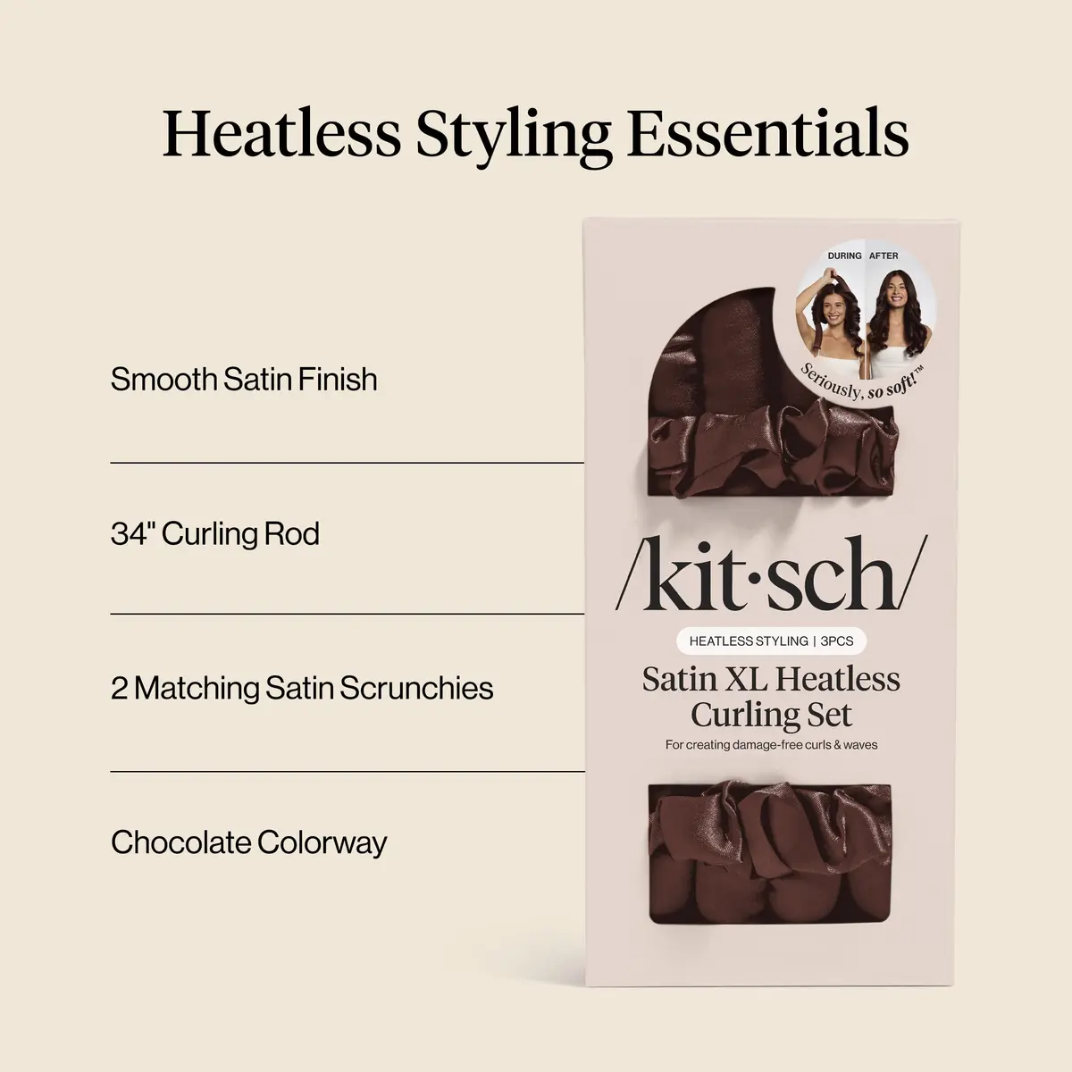 Kitsch Satin Heatless Curls Overnight Set - Chocolate | 34" Rod & 2 Scrunchies - view 3