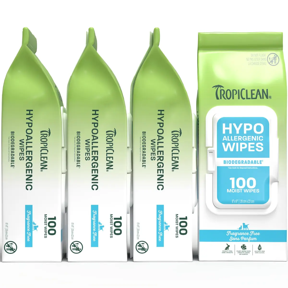 TropiClean Hypoallergenic Dog Wipes, Unscented, 100ct, 4 Pack | Fragrance-Free Grooming Wipes for Sensitive Skin - main product image