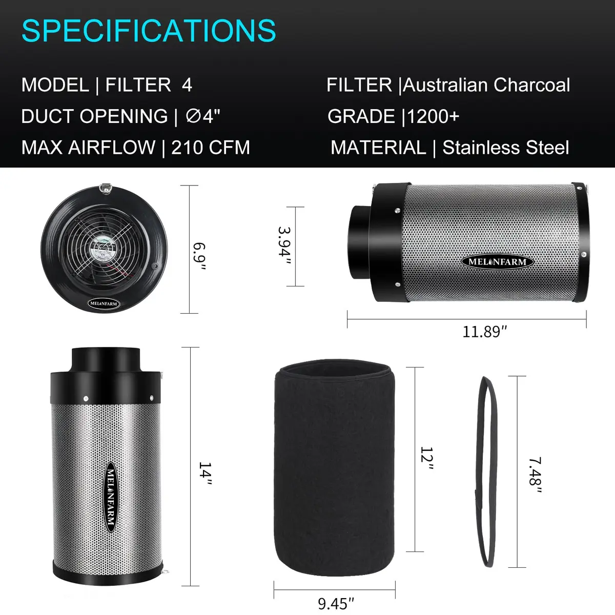 MELONFARM 4 inch Air Carbon Filter with Australia Virgin Charcoal | 14cm Fan Low Noise & Speed Control - view 6