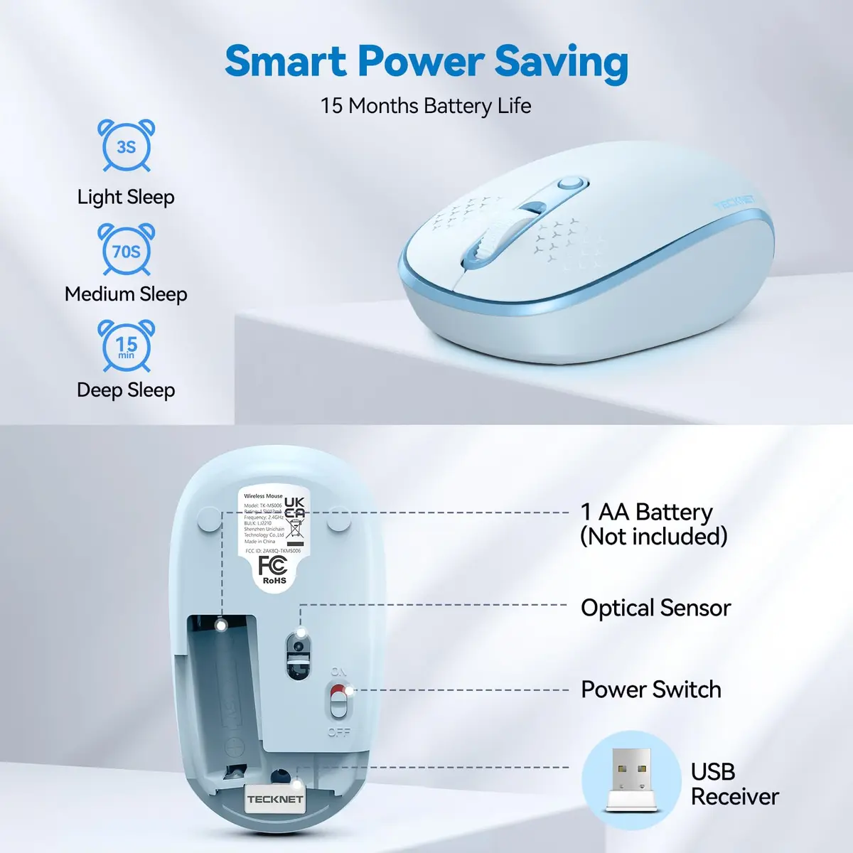 TECKNET Compact Ambidextrous Wireless Mouse for Laptop Blue | Portable, Quiet, 1600 DPI - view 6