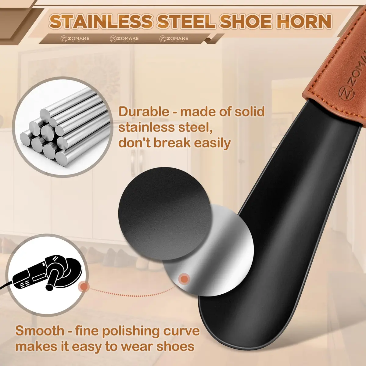 ZOMAKE Metal Shoe Horn, Small Travel Shoehorn for Men Women Kids 6.7" | Durable Stainless Steel - view 4