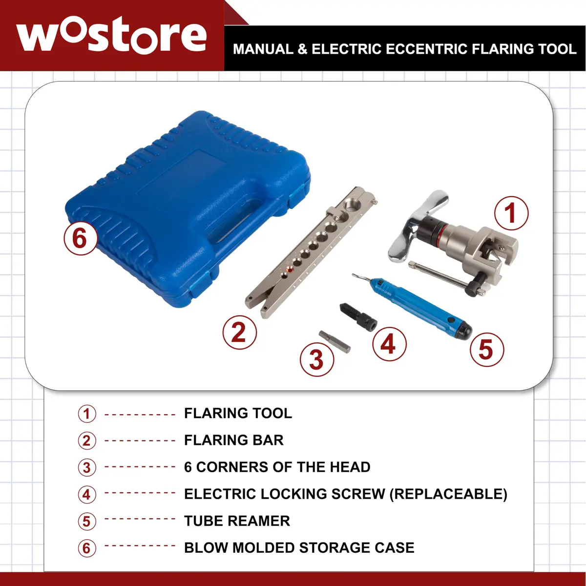 Wostore Manual & Electric Eccentric Flaring Tool 6mm-3/4 | 9 Dies for Brake Tubing - view 2