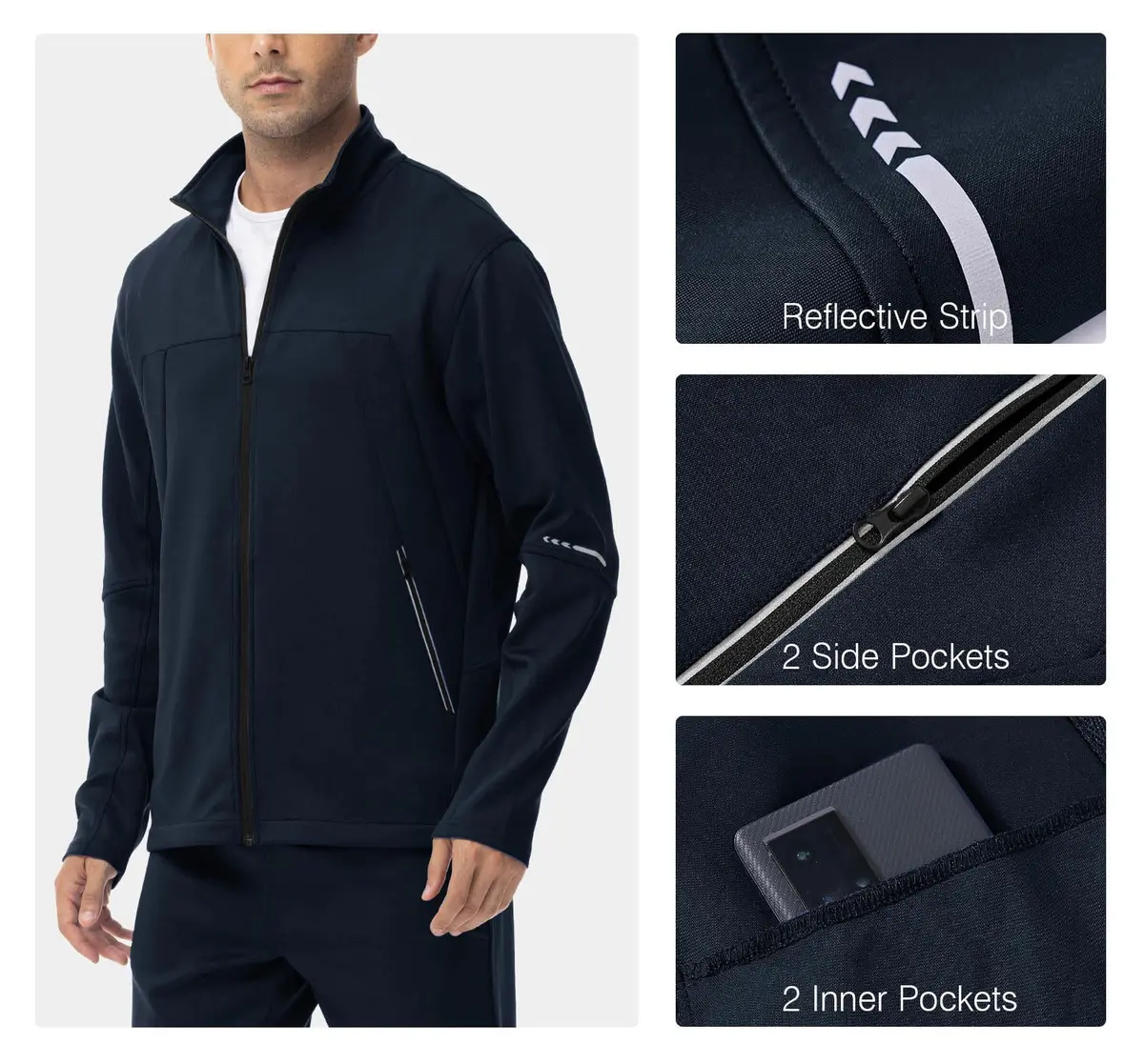 Rdruko Men's 2 Piece Track Suit Set with Zipper Pockets & Reflective Strips | Navy Blue, Large (939 g) - view 5