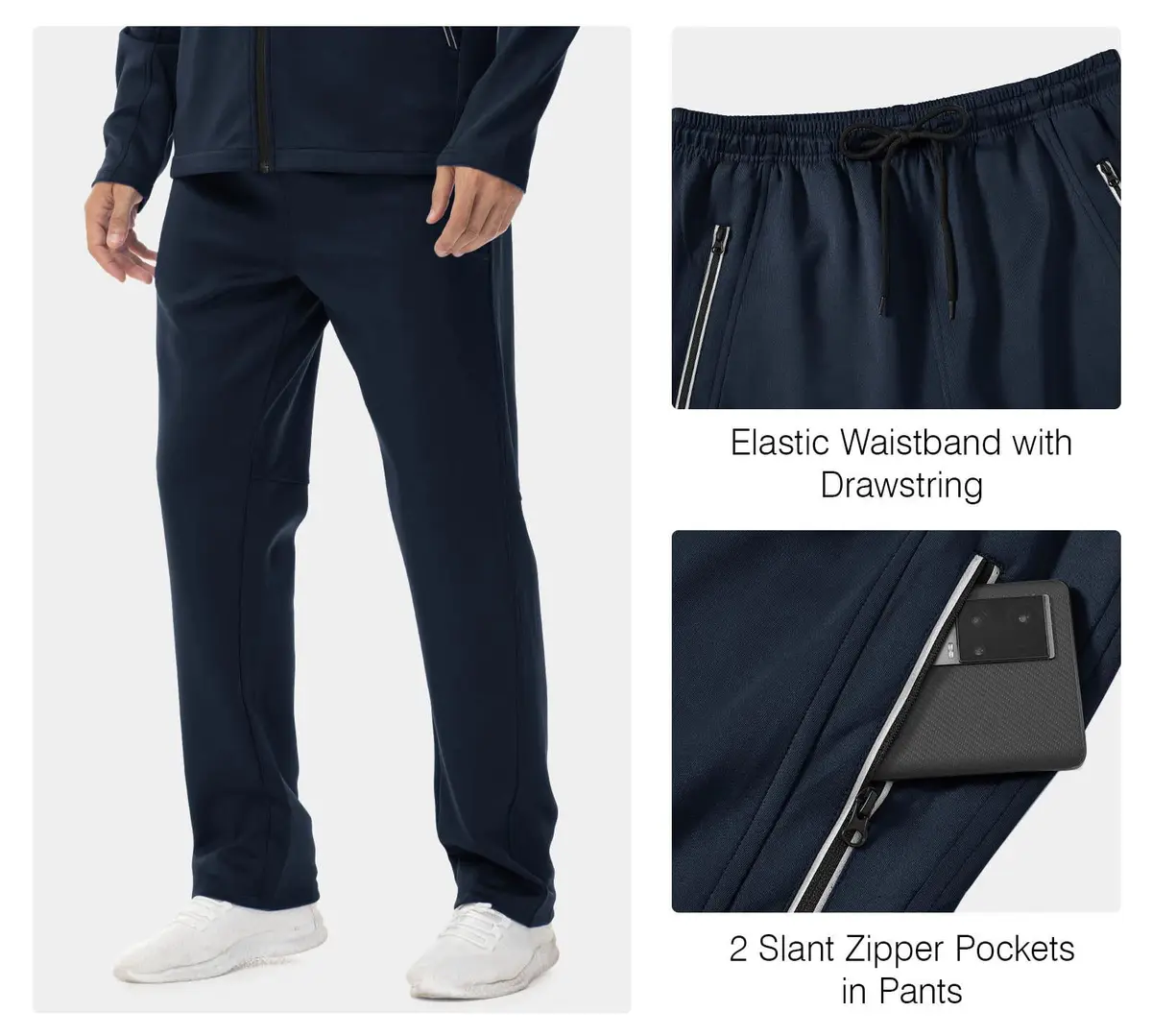 Rdruko Men's 2 Piece Track Suit Set with Zipper Pockets & Reflective Strips | Navy Blue, Large (939 g) - view 6