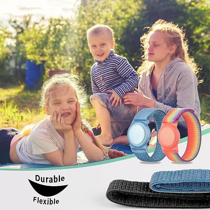 Qonuiy Rainbow & Blue Kids AirTag Wristband with Protective Case | Adjustable Nylon Bracelet - view 4