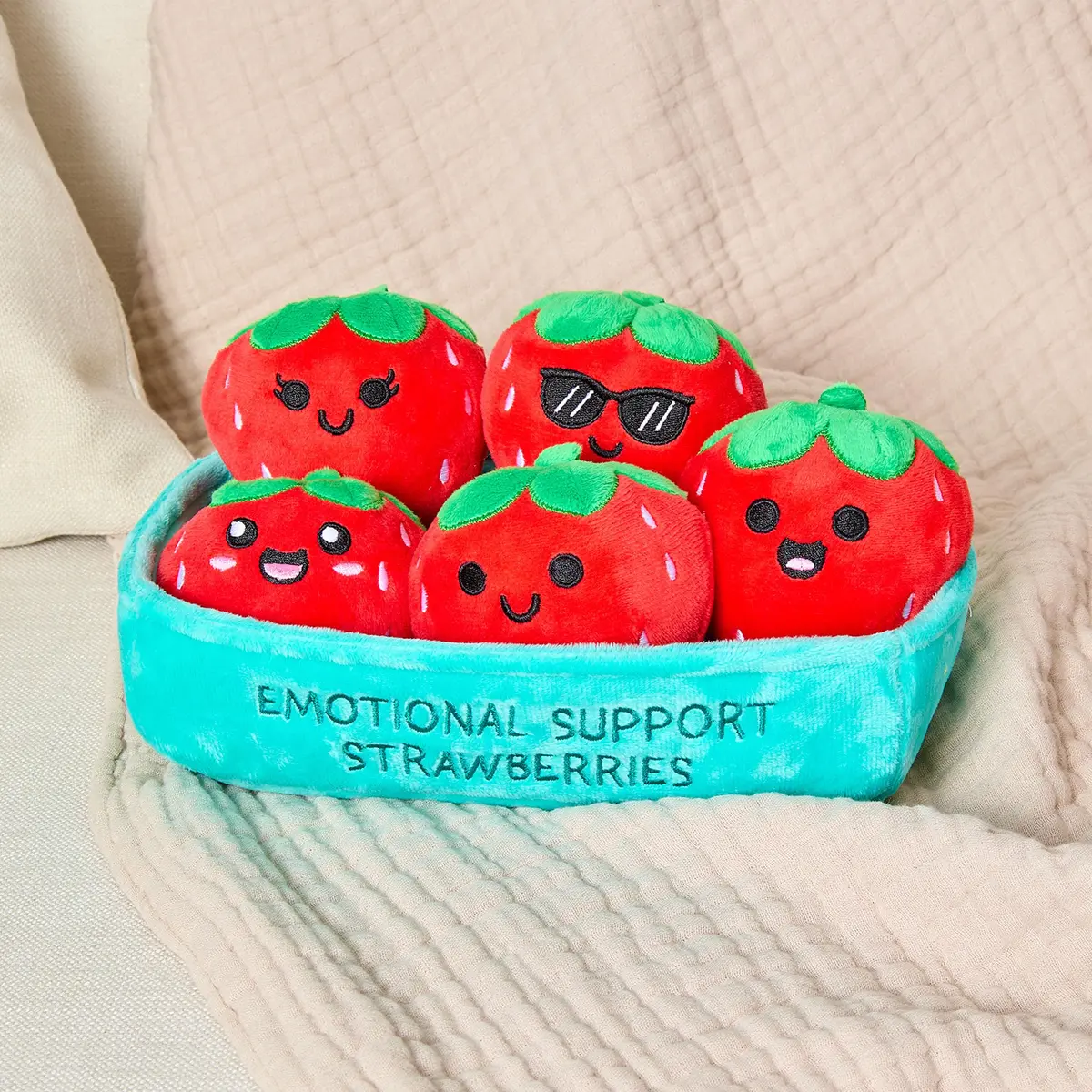 Relatable Emotional Support Strawberries Plush Toy Set with Basket | 5 Plushies + 1 Basket (Red) - view 2