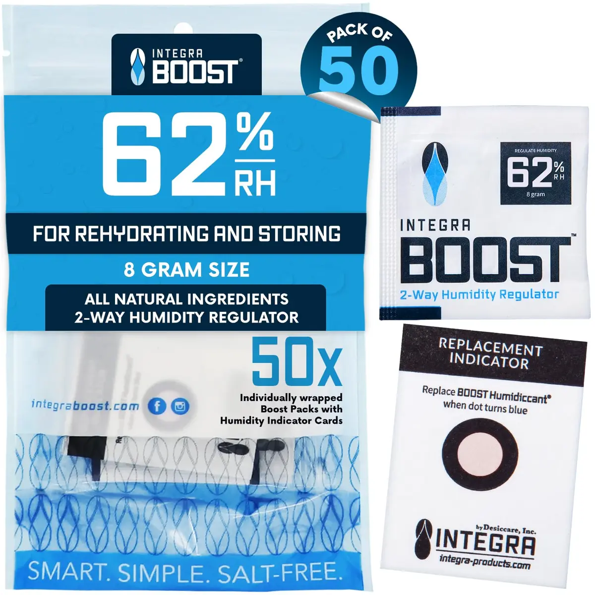 Integra Boost 62% RH Humidity Control Packs 8g (0.28 oz) — Pack of 50 | Preserves Flavor & Aroma - main product image