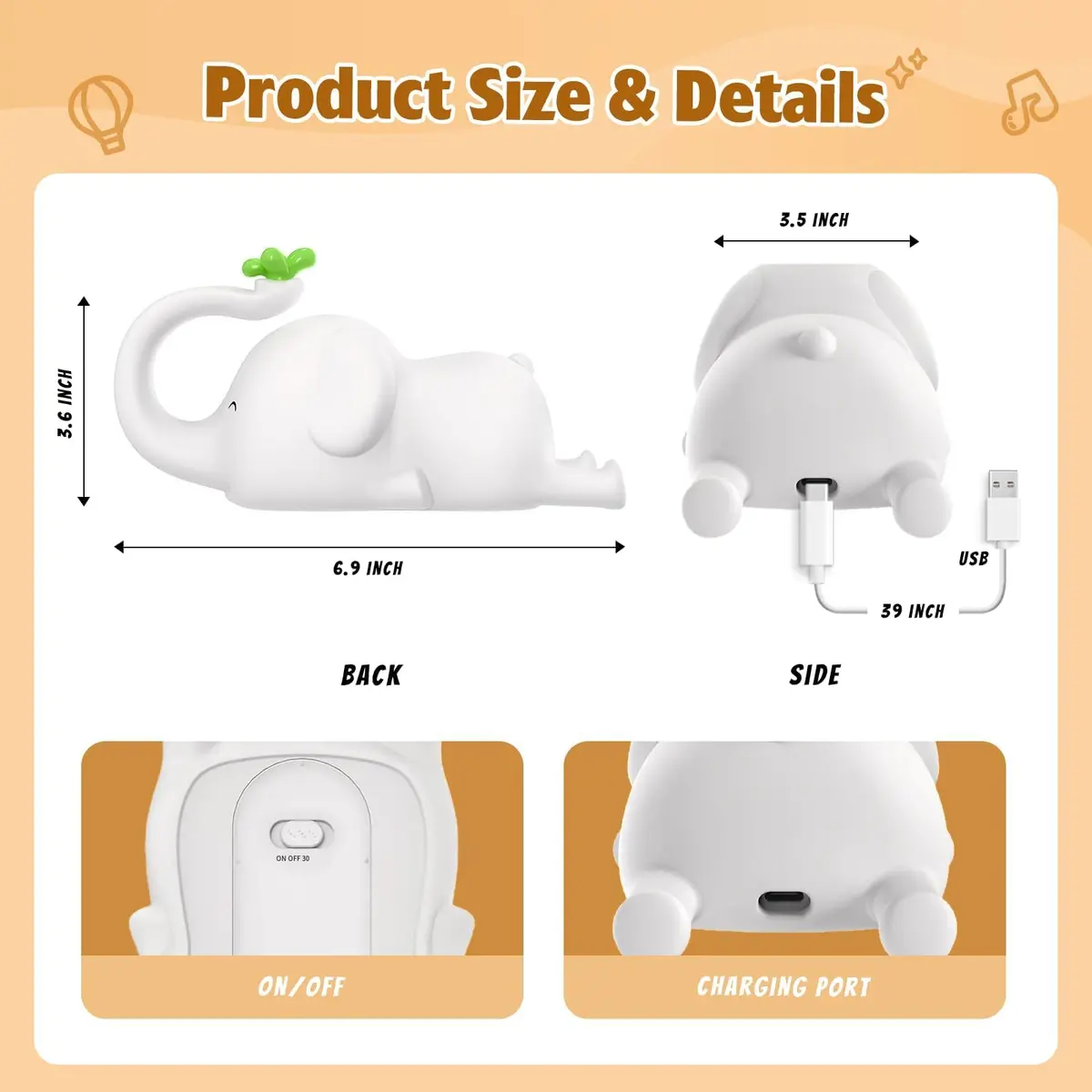 MAGOHMT Silicone Elephant Night Light for Kids | 3-Level Dimmable & Rechargeable Night Lamp - view 5