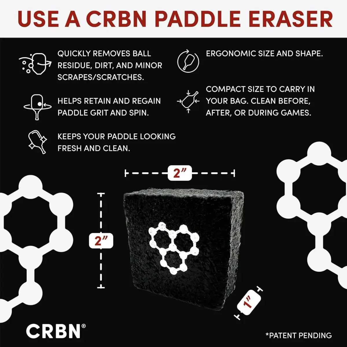 CRBN Pickleball Paddle Eraser (Black, 2-Pack) | Cleans Carbon Fiber Paddles - view 3