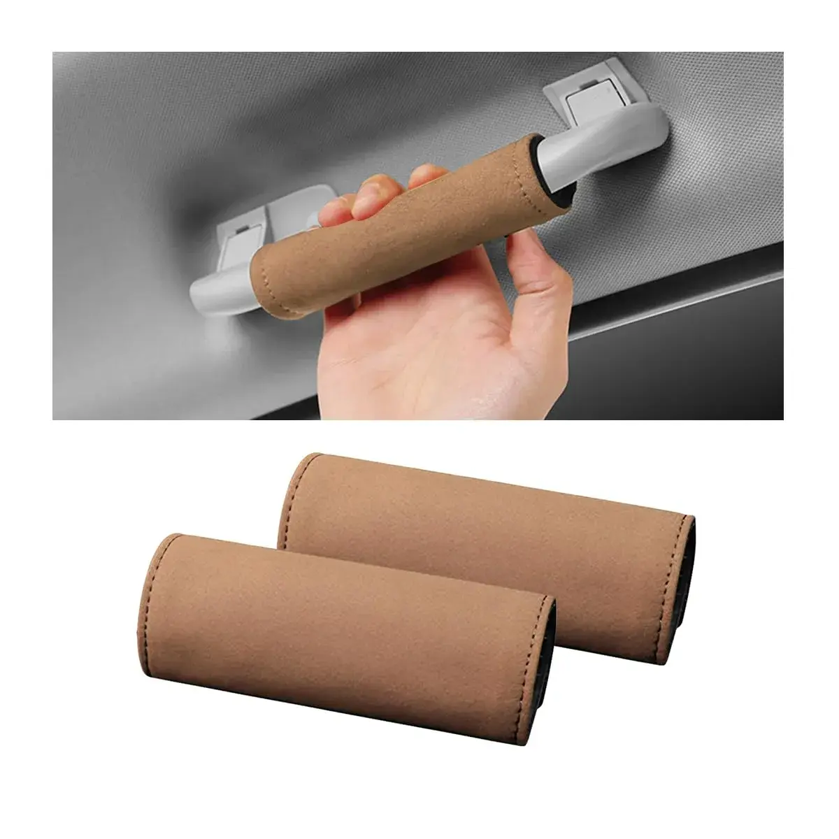 BESULEN Tumbled Fur Leather Car Inside Door Handle Protector 2PCS (Brown) | Protects Auto Inner Door Pull Handles - main product image