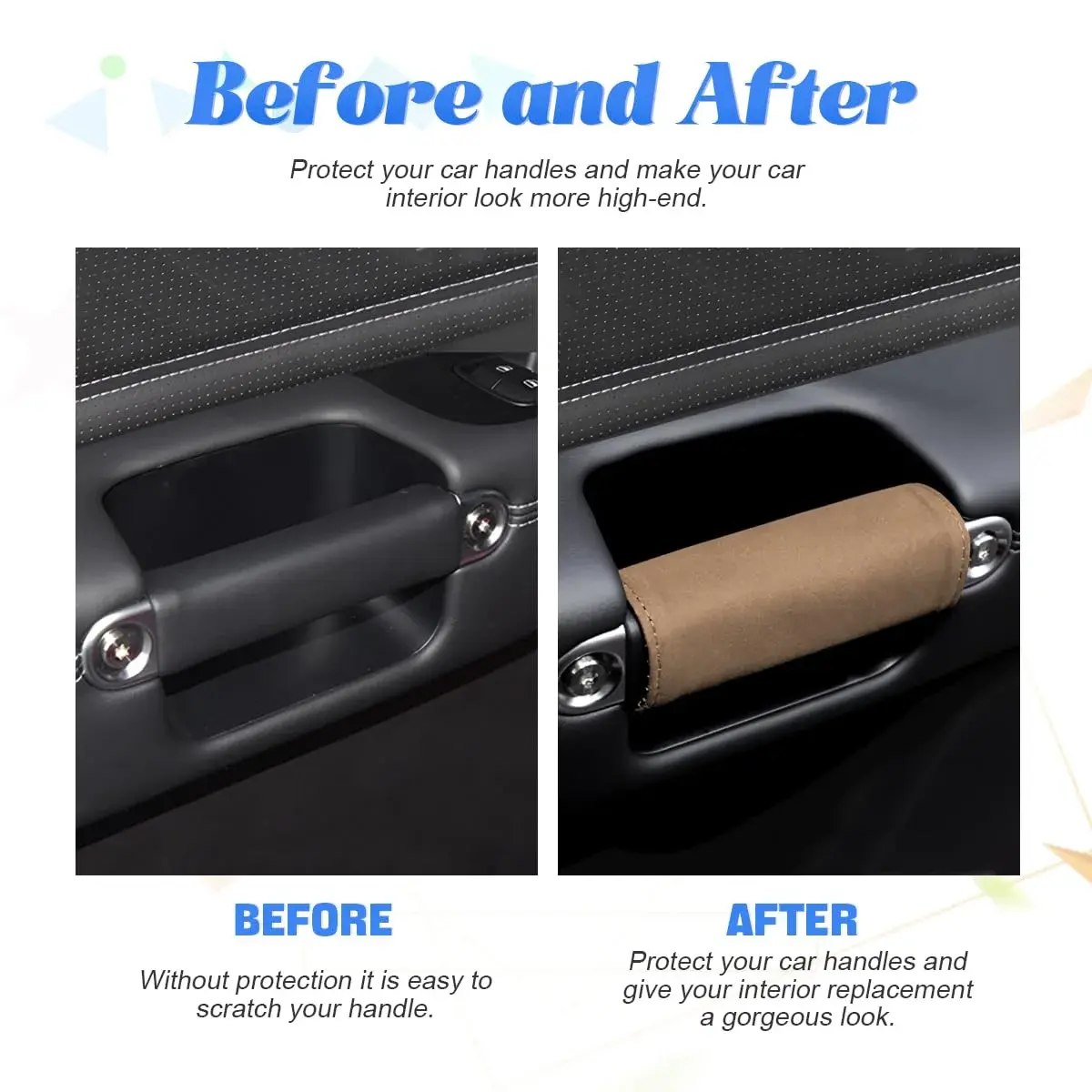 BESULEN Tumbled Fur Leather Car Inside Door Handle Protector 2PCS (Brown) | Protects Auto Inner Door Pull Handles - view 3