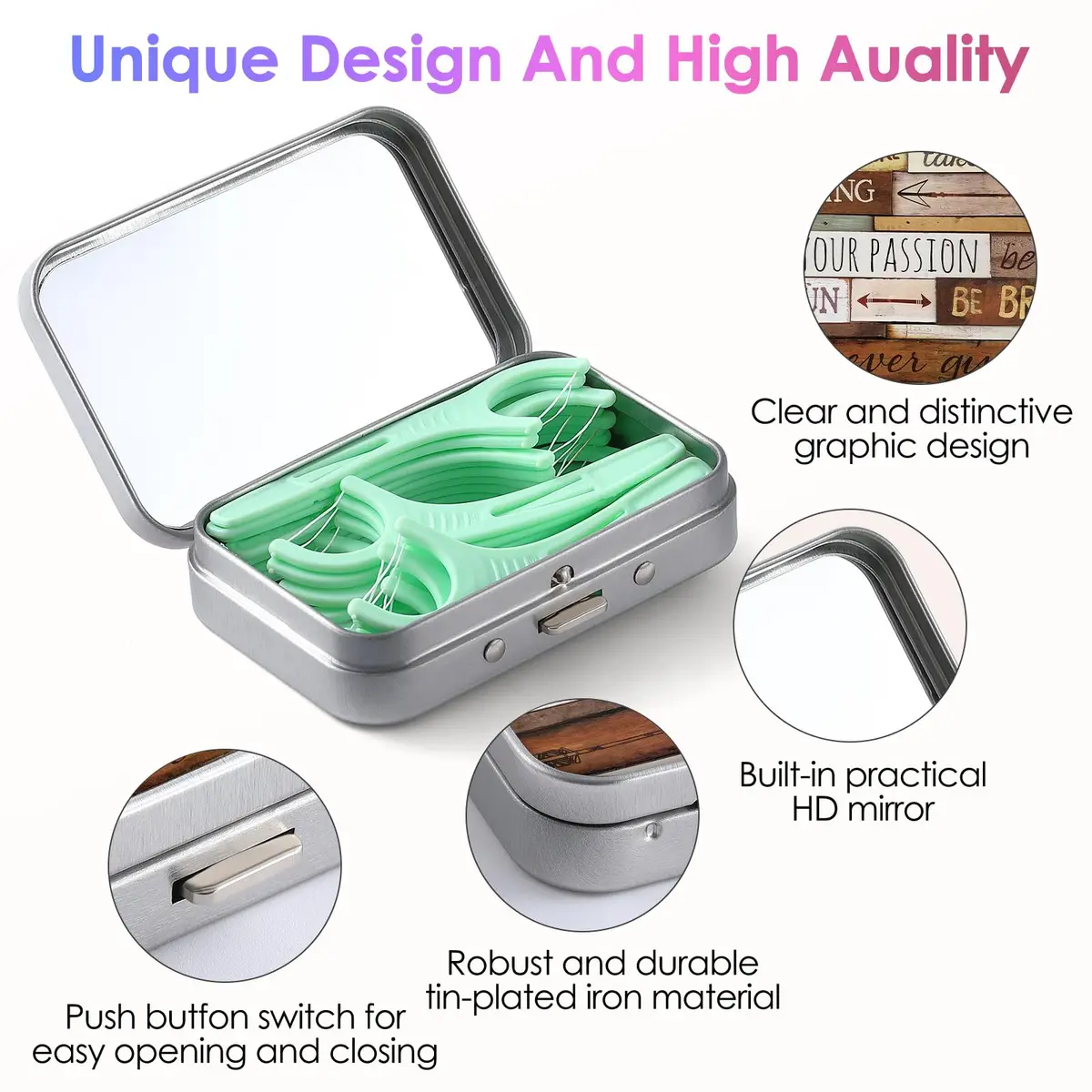 Gerkia Dental Floss Case Inspirational Quotes Pattern with Mirror | 7.1cm x 4.8cm x 2cm (2.8" x 1.9" x 0.8") - view 3