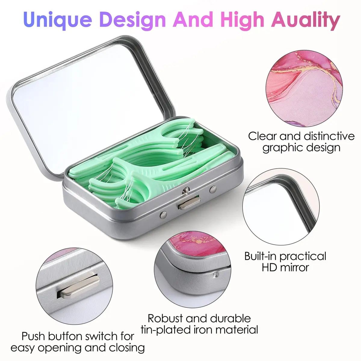 Gerkia Pink Marble Dental Floss Case with Mirror | Portable Travel Essentials - view 3